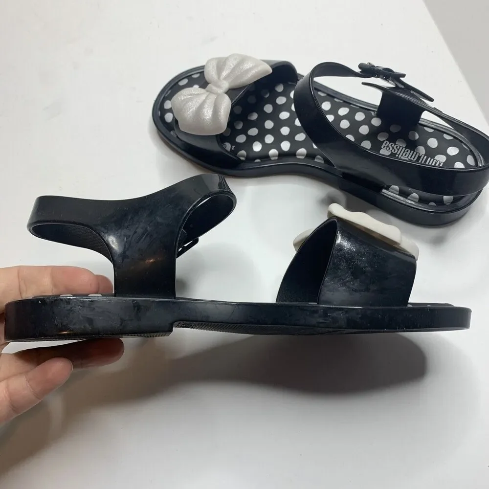 MINI MELISSA Mar Princess Black Silver Bow Jelly Sandals Big Girls Size 3